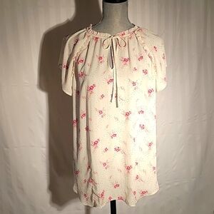 LOFT Womens White & Pink Short Sleeves with Ruffle Collar & Front Tie, Size: XL